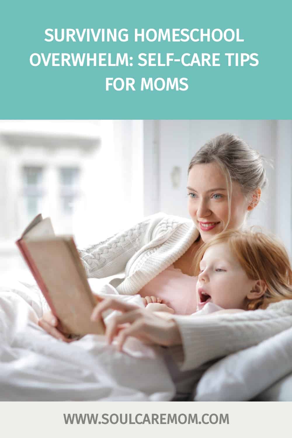 Homeschool Mom and daughter enjoying reading a book together - while mom goes from overwhelm to learning self care tips to have more fun homeschooling 